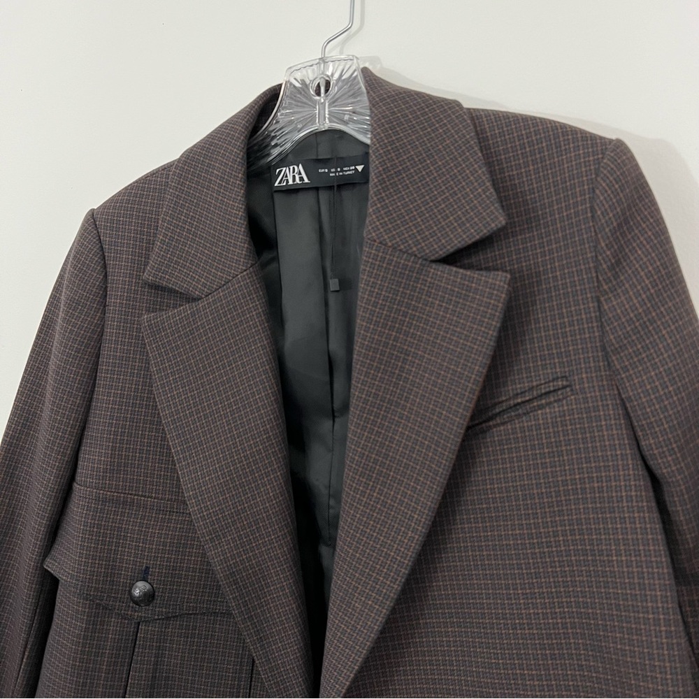 Zara Plaid Brown Cropped Blazer Jacket Houndstooth Size Small - Picture 3 of 8